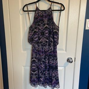 GUESS brand - Size 12 - black and purple patterned dress with gathered waist.
